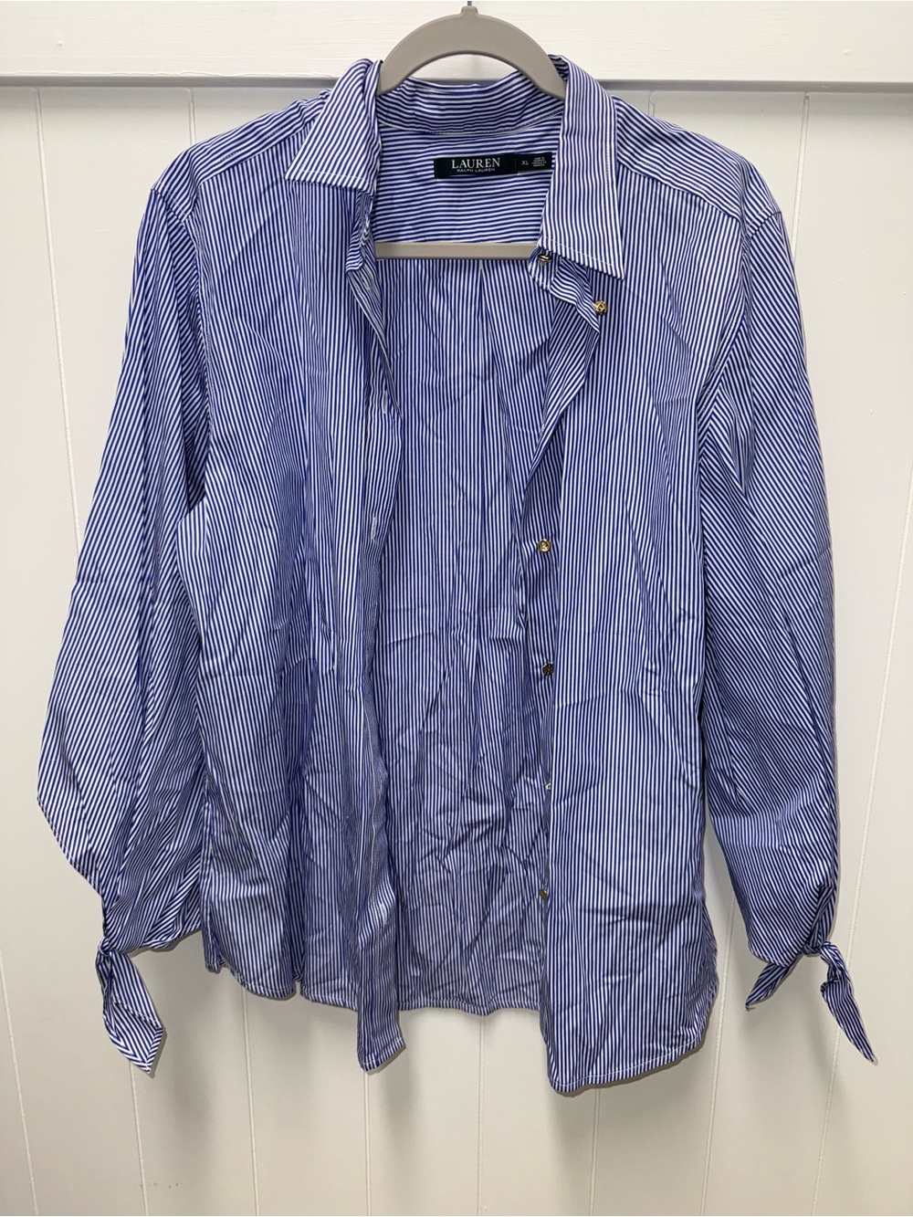 Lauren Ralph Lauren XL Blue White Stripe Tie Cuff Button Down Shirt